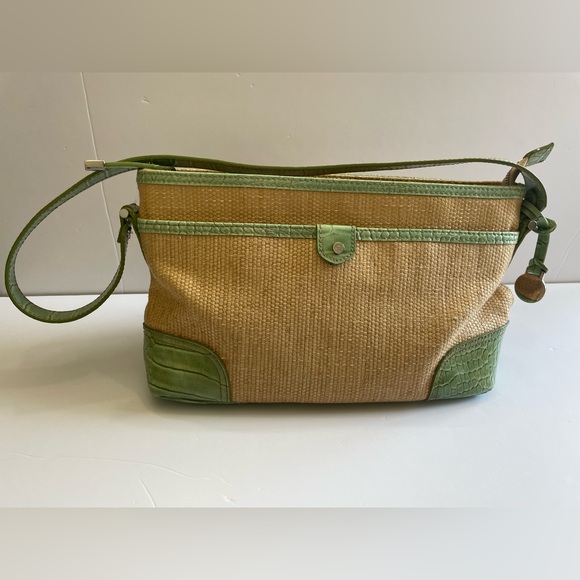 Vtg Y2K Etienne Aigner woven straw handbag with lime green vegan leather straps - Picture 1 of 16